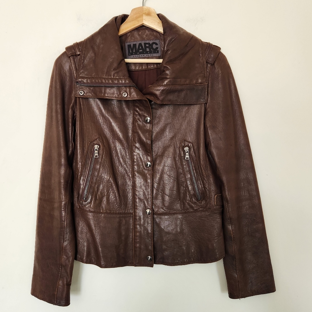 Marc New York Andrew Marc Brown Leather Funnel High Collar Jacket - Picture 3 of 15